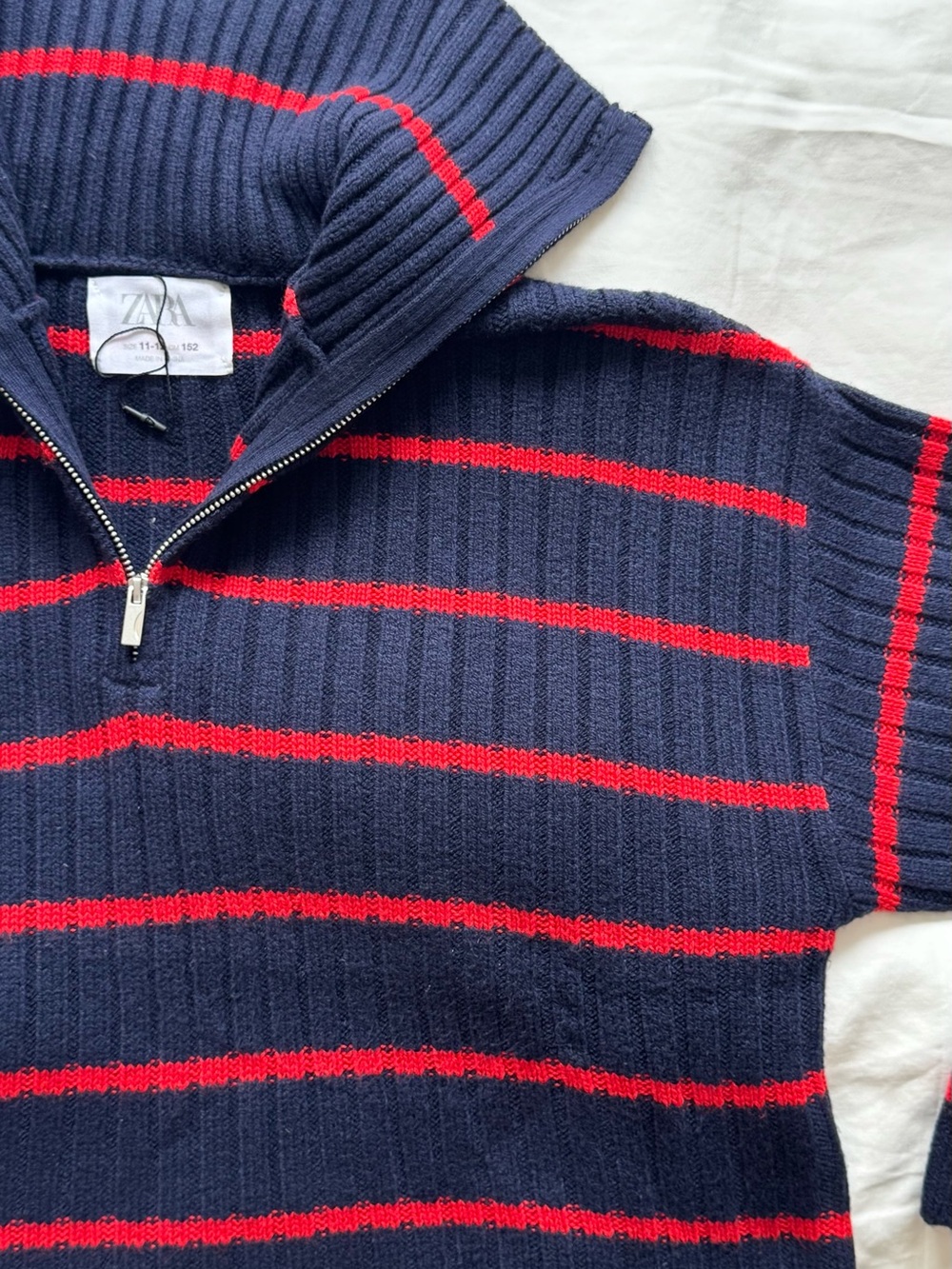 Zara Navy and Red Striped Half-Zip Ribbed Sweater Top